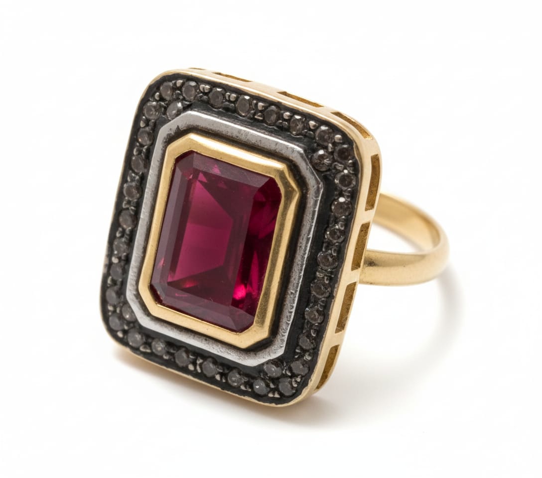 Square Ring + Semi Precious Red Stone + Zircon