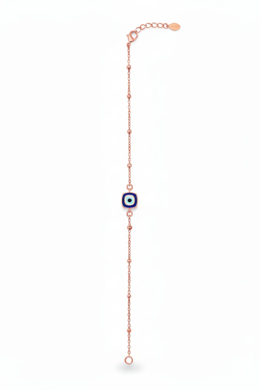 Simple Bracelet With Rose Gold Beads + Enamel Square Blue Or Feyrouz Eye (Reverse)