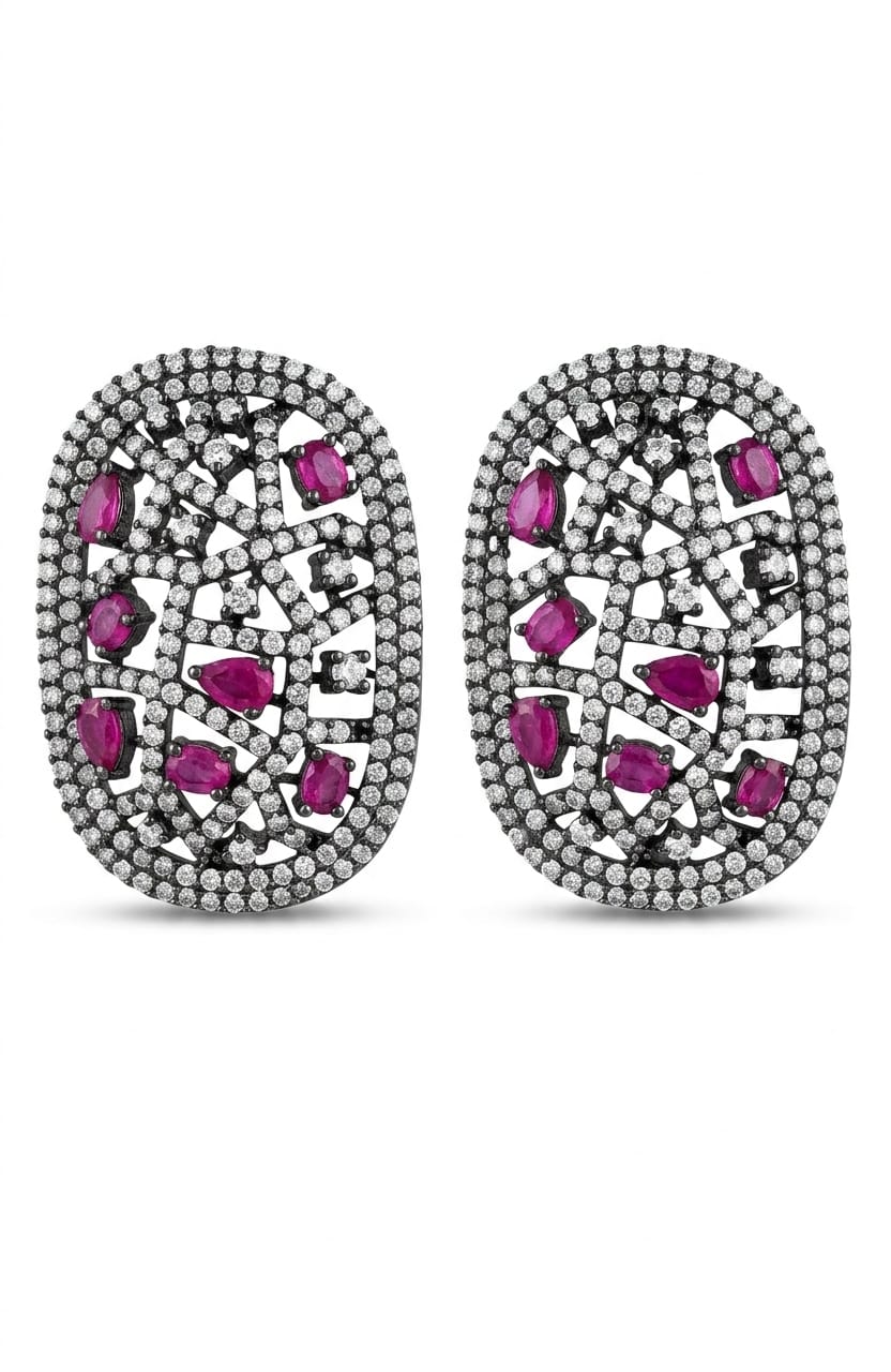 Oval Lousange Earring + Red Stone + Zircon