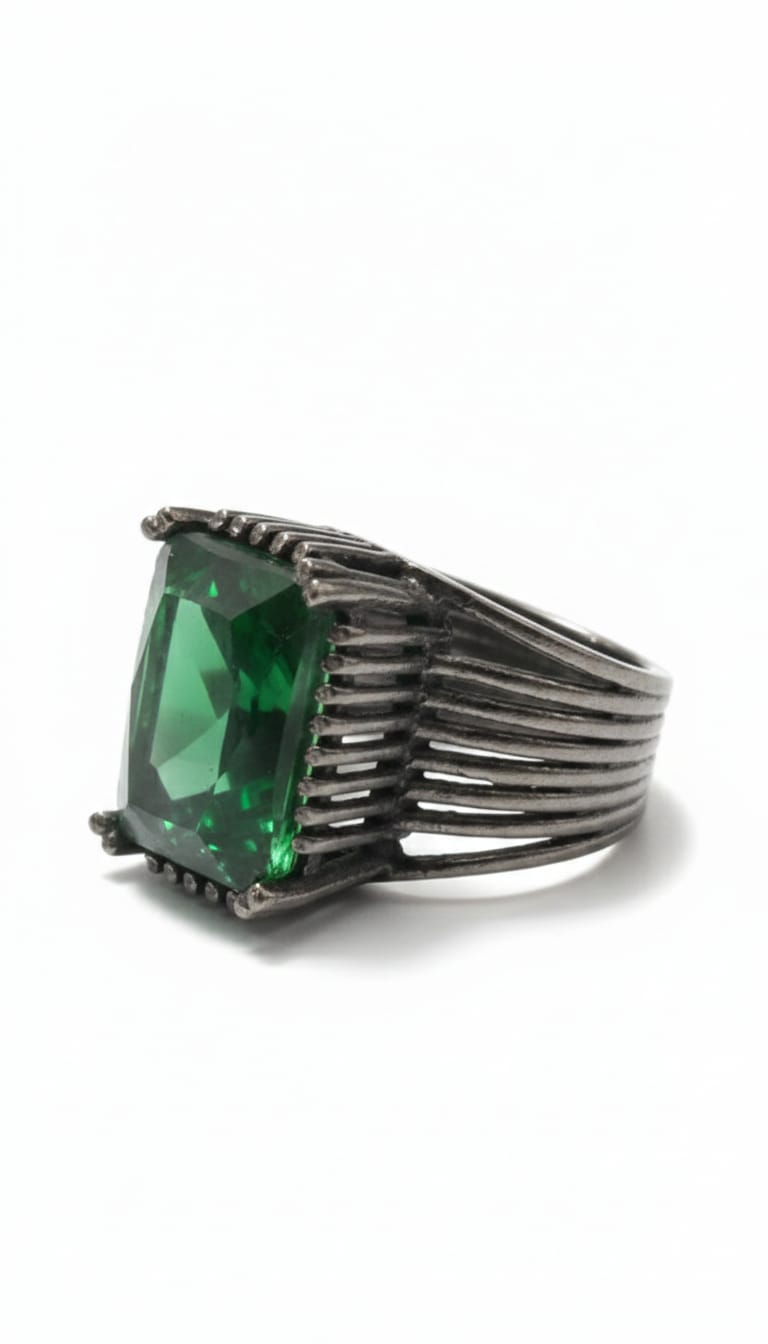 Wide Ribbed Black Ring + Semi Precious Stone Emerald
