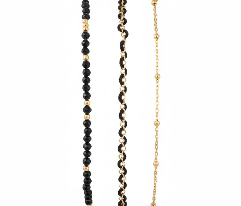 Bracelet + Braided + Black Beads + Gold Chain