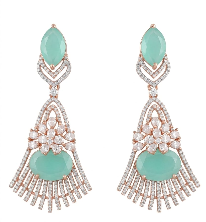Floral Earring + Aqua Stone + Zircon + Crystals