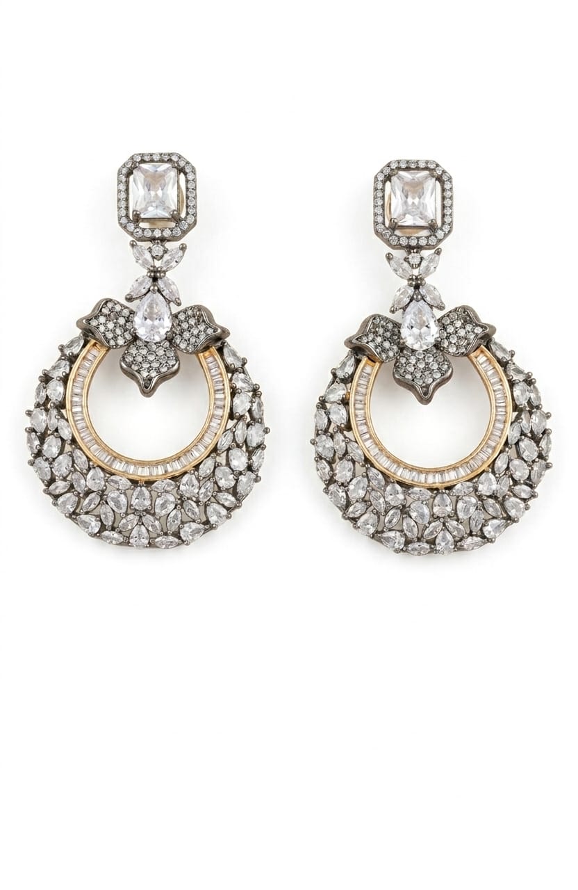 Moon Earring + Baguette + Crystals + Big White Stone