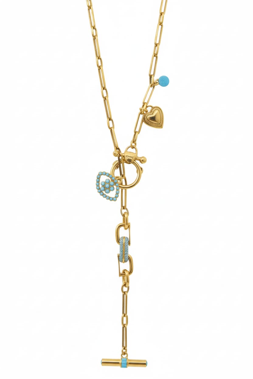 Turquoise Charm Paperclip Toggle Necklace + Heart