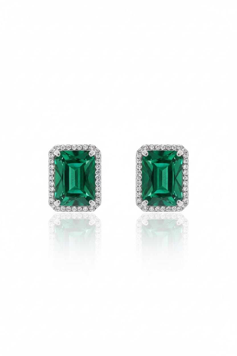 Midnight Green Emerald Cut Zircon Stud