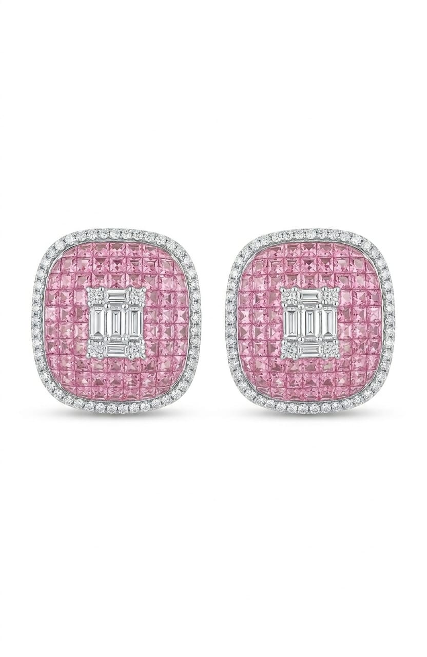 Square earring pink + Baguette + Zircon